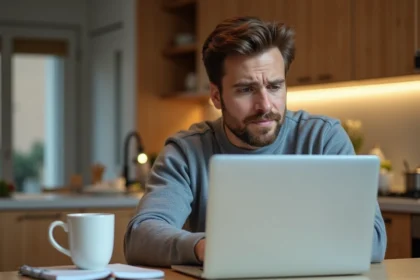 Homme pensif utilisant son ordinateur dans la cuisine