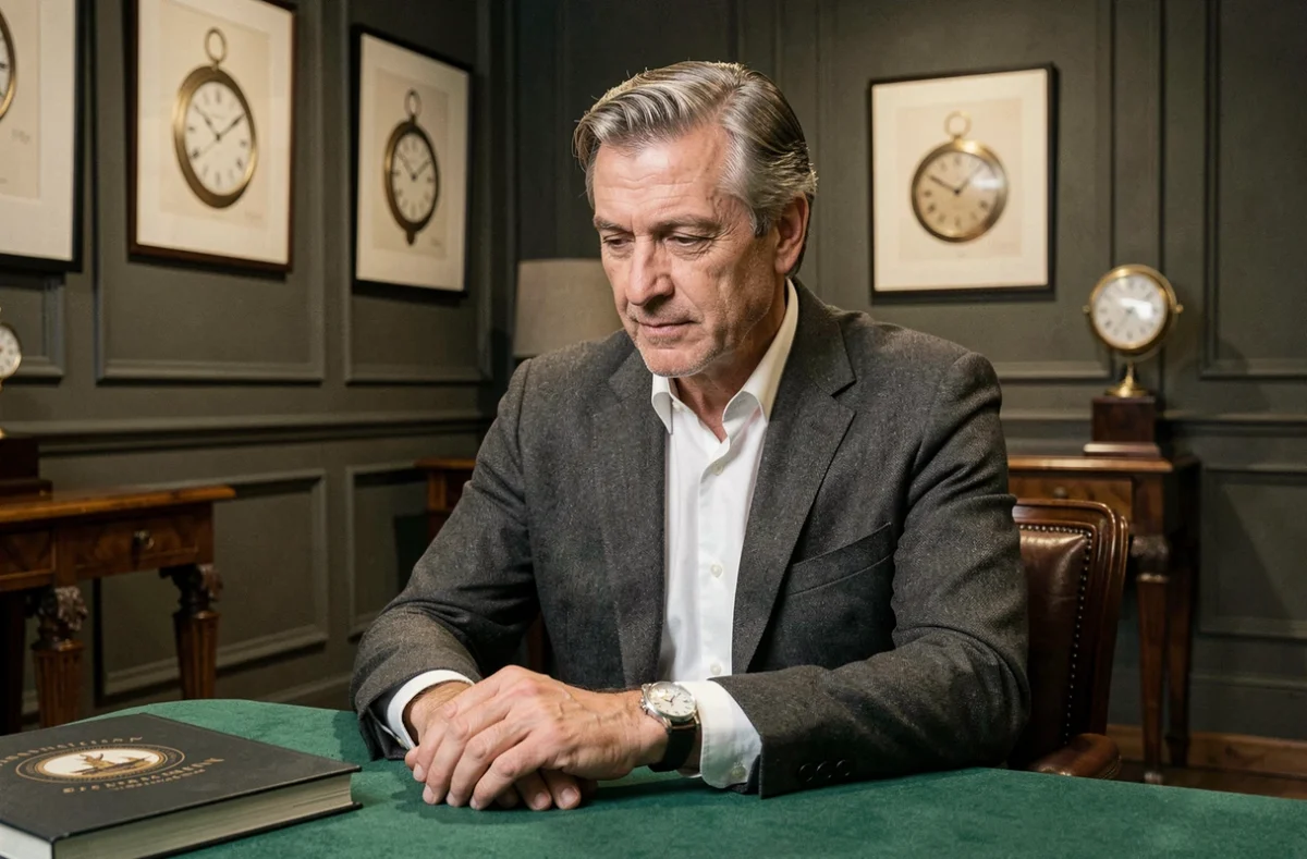 Homme élégant en costume gris examinant une montre rare lors d'une vente aux enchères horlogère privée à Genève