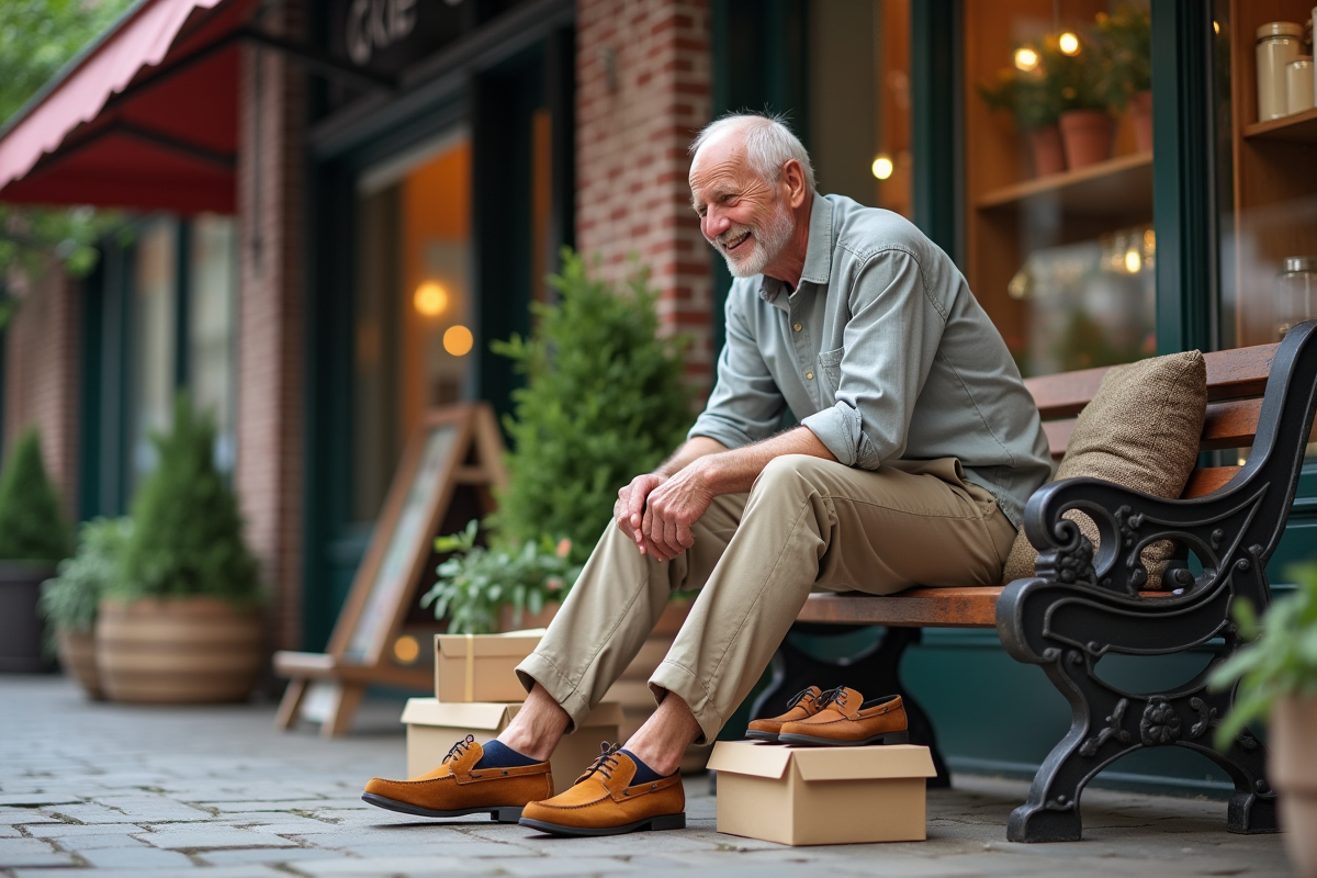 Homme âgé essayant des chaussures en rue piétonne