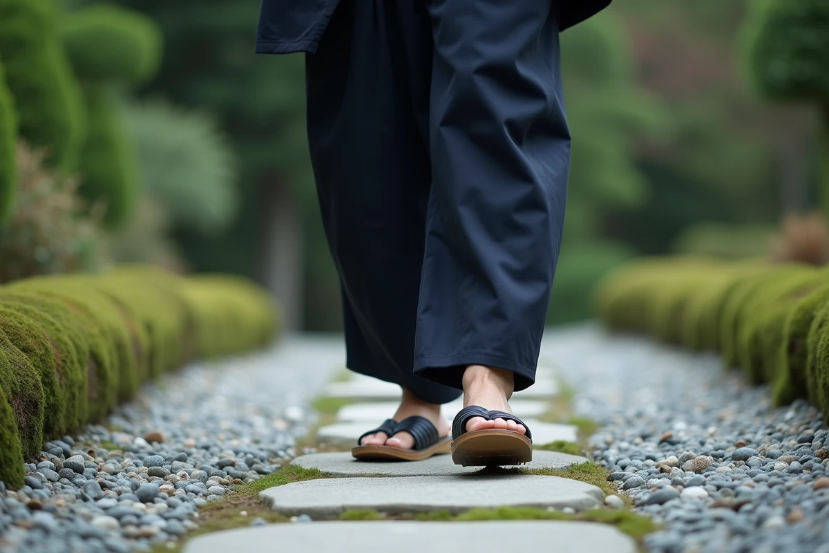 Homme japonais en kimono marine et hakama portant des geta en bois laqué à double dent sur un chemin de jardin en pierres avec mousse et gravier ratissé