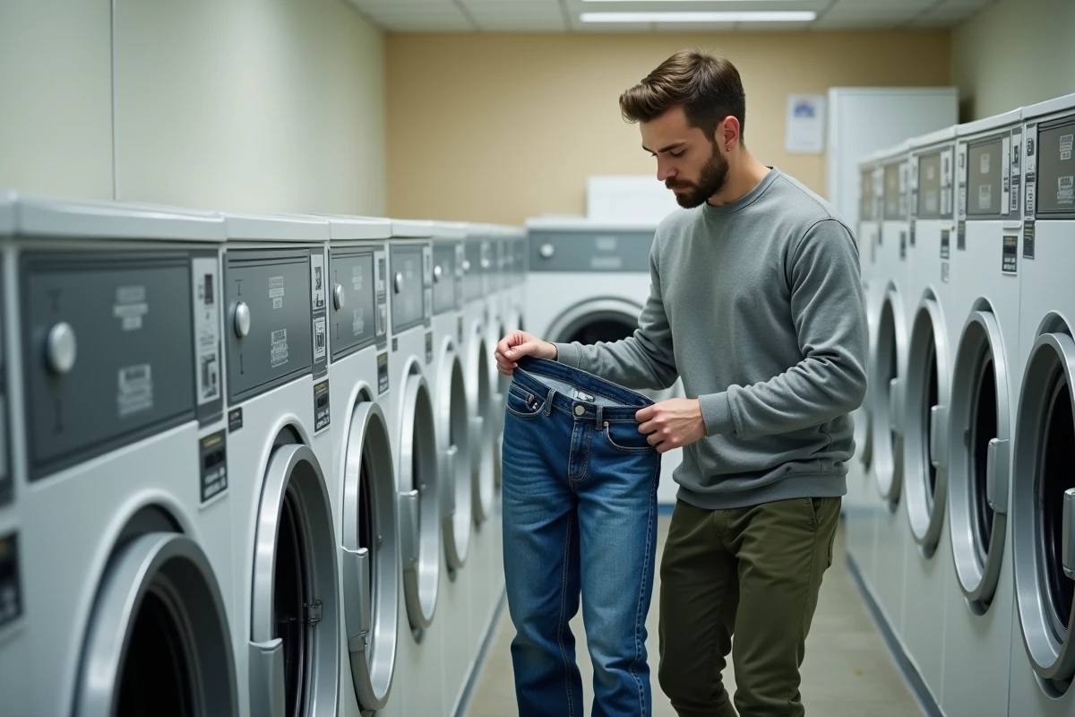 Homme transférant un jean humide du lave-linge vers le sèche-linge dans une laverie automatique, étape clé pour faire rétrécir définitivement un jean en coton