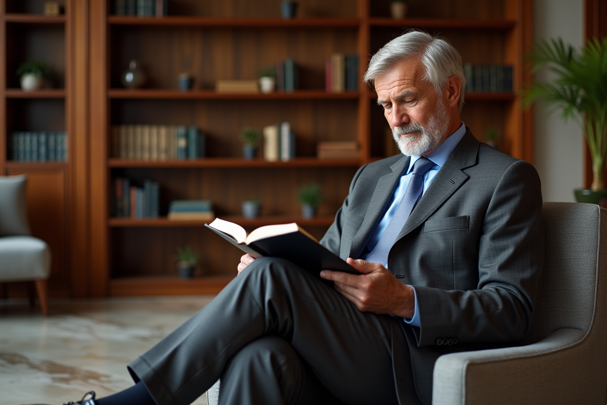 Homme mature lisant dans un salon élégant intérieur