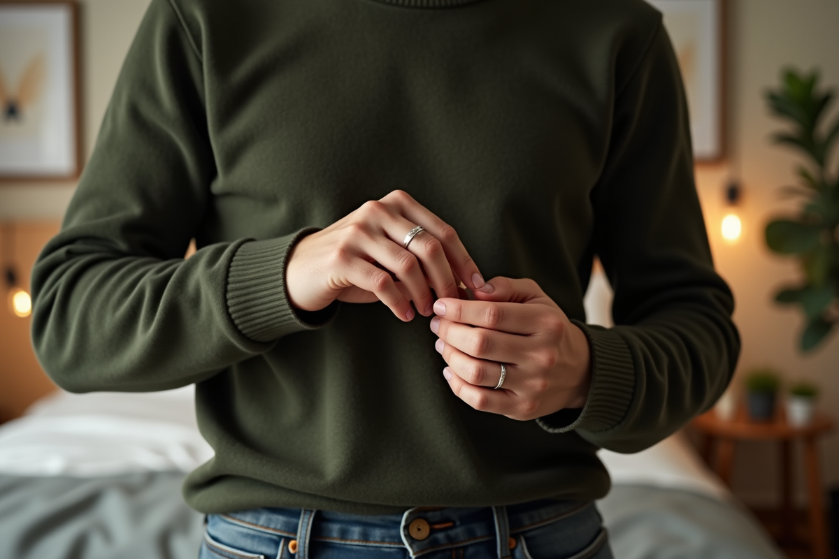 Homme posant une bague en argent dans une chambre chaleureuse