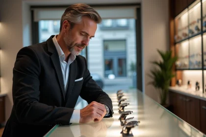 Homme d'âge moyen compare sa montre à des montres de luxe d'occasion