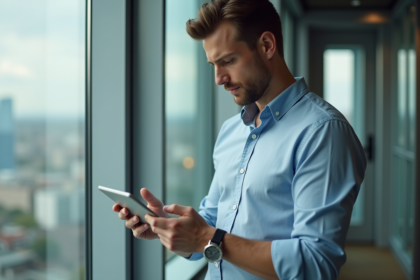 Homme en chemise coton regardant son tablet dans un bureau moderne