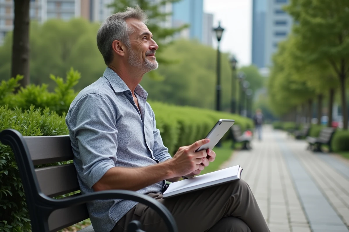 Homme pensif dans un parc urbain calme et verdoyant