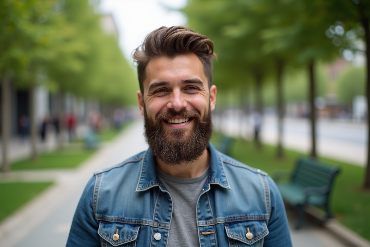 Homme souriant admire sa barbe dans un parc urbain