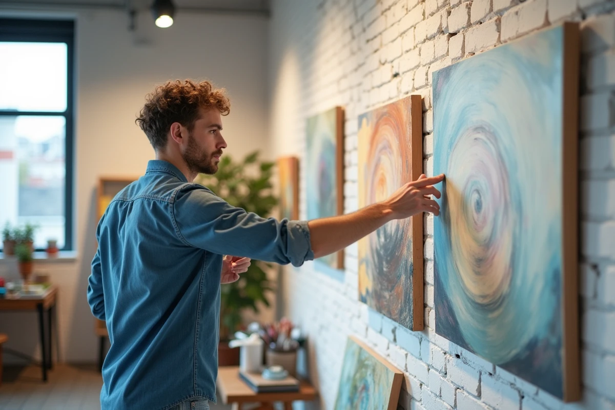 Jeune homme arrangeant des peintures dans un studio moderne
