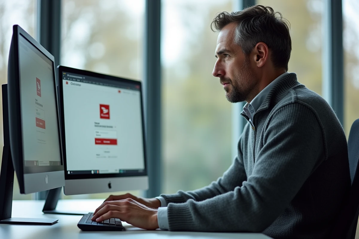 Homme en sweater regardant un écran de connexion postal