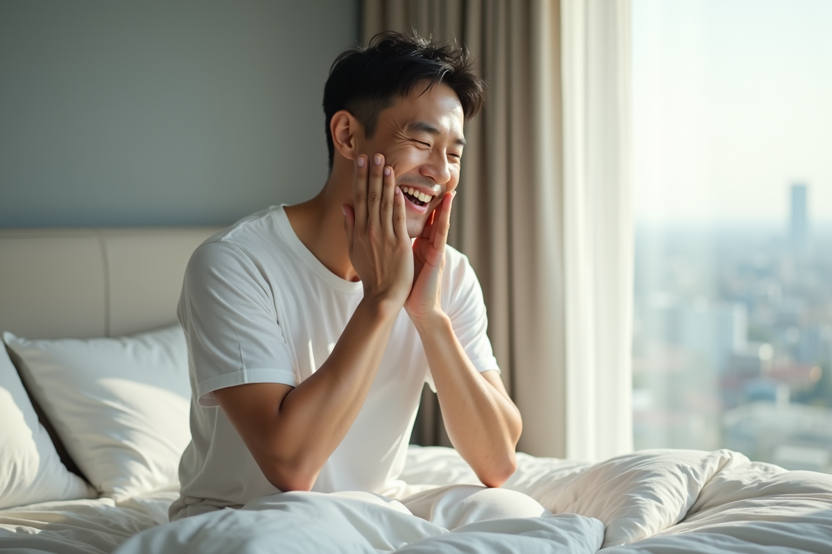Homme coréen appliquant essence sur le visage dans chambre lumineuse