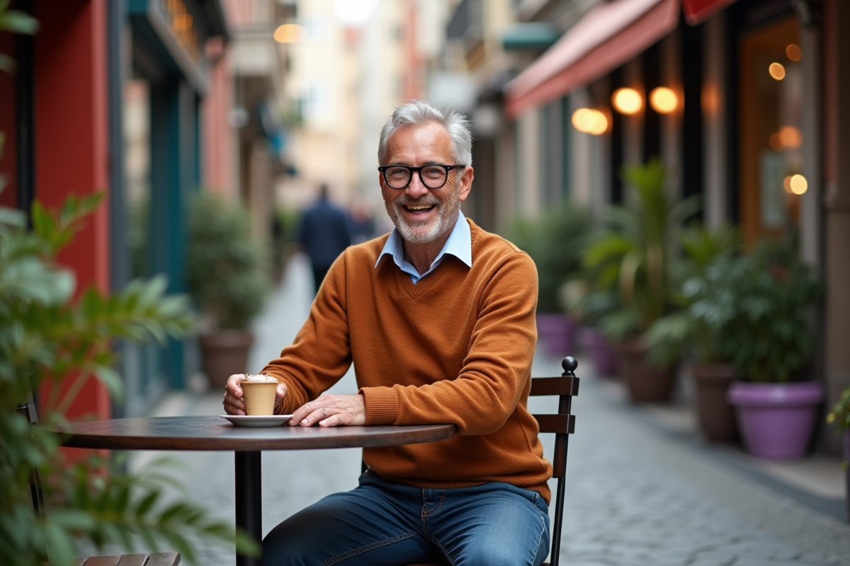 Homme souriant portant des lunettes dans un café en ville