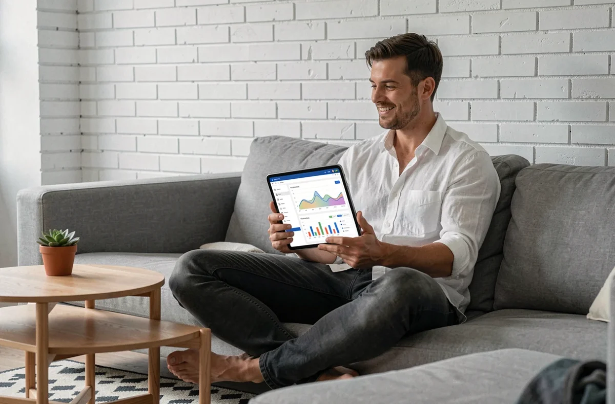 Homme consultant les statistiques de son blog sur une tablette dans un appartement moderne et minimaliste