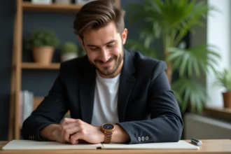 Homme élégant ajustant une montre en bois dans un bureau moderne
