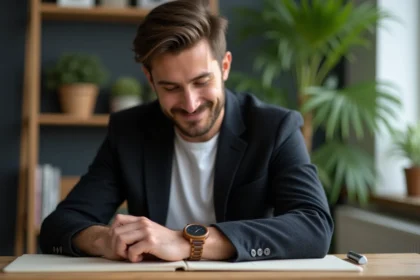 Homme élégant ajustant une montre en bois dans un bureau moderne