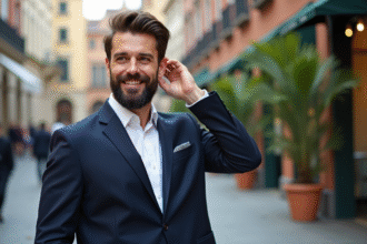 Homme élégant en blazer dans une ville animée