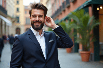 Homme élégant en blazer dans une ville animée