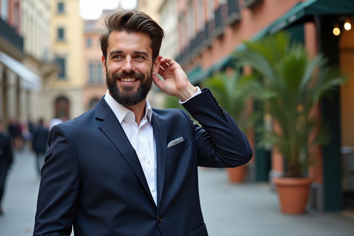 Homme élégant en blazer dans une ville animée