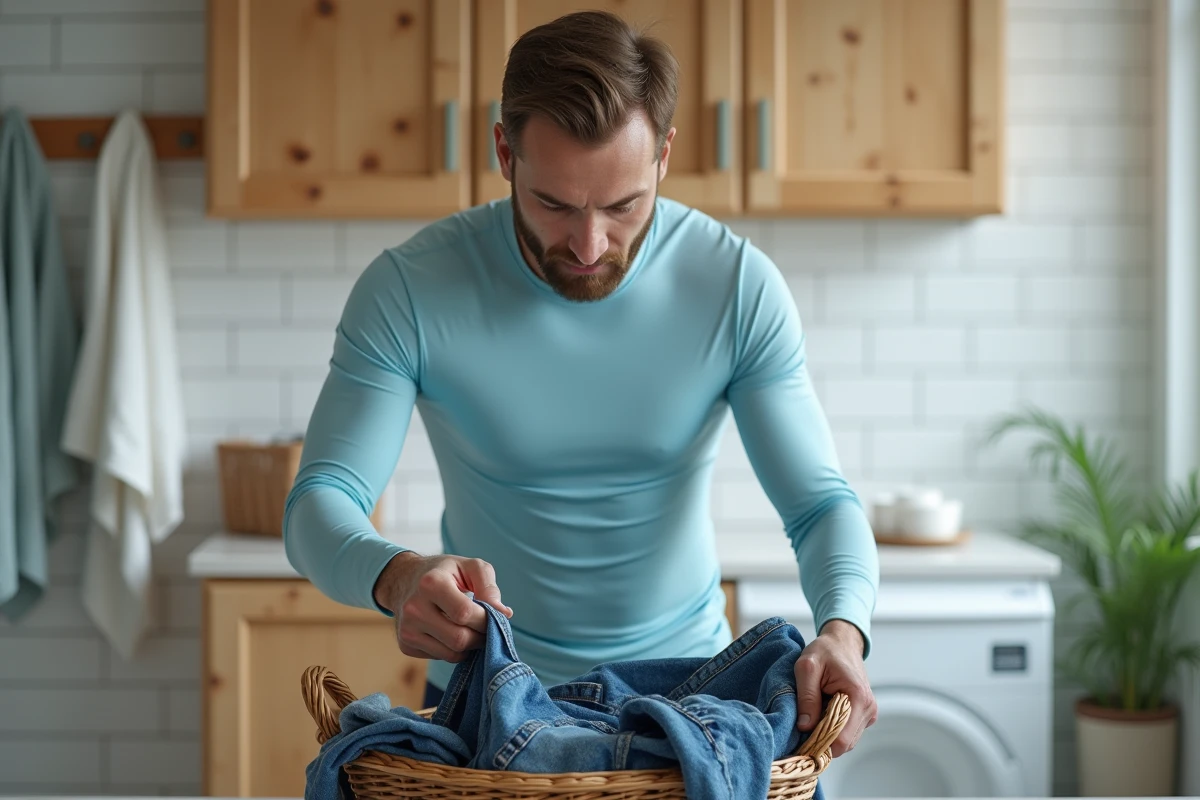 Homme lançant un vêtement délicat dans un panier de jeans en salle de bain
