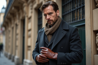 Homme élégant portant des gants en cuir dans une rue européenne