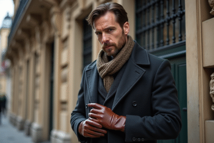 Homme élégant portant des gants en cuir dans une rue européenne