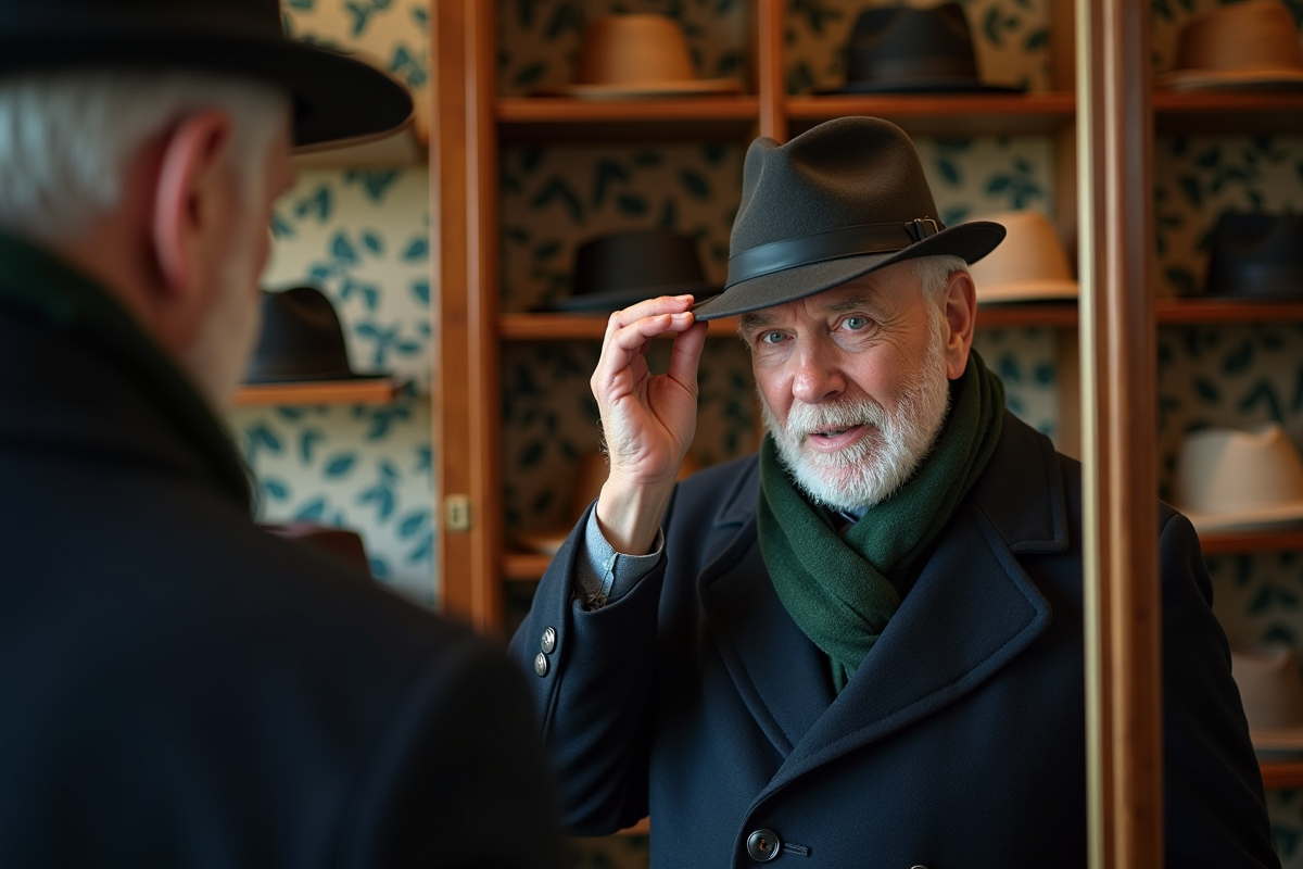 Homme âgé essayant un chapeau dans un magasin