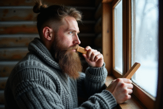 Homme barbu dans une cabane nordique chaleureuse