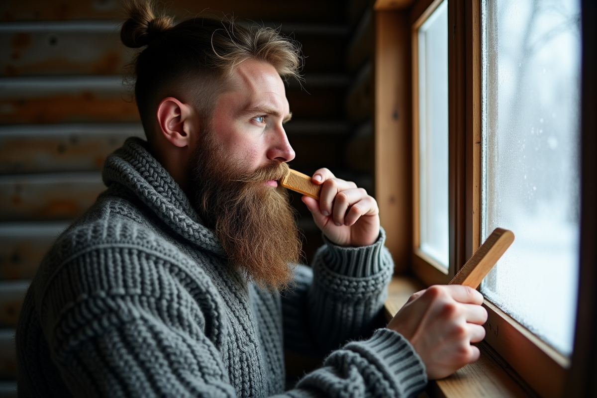 Homme barbu dans une cabane nordique chaleureuse