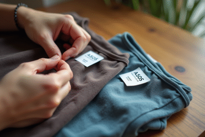 Mains inspectant une etiquette ASOS et une fausse etiquette sur une table en bois