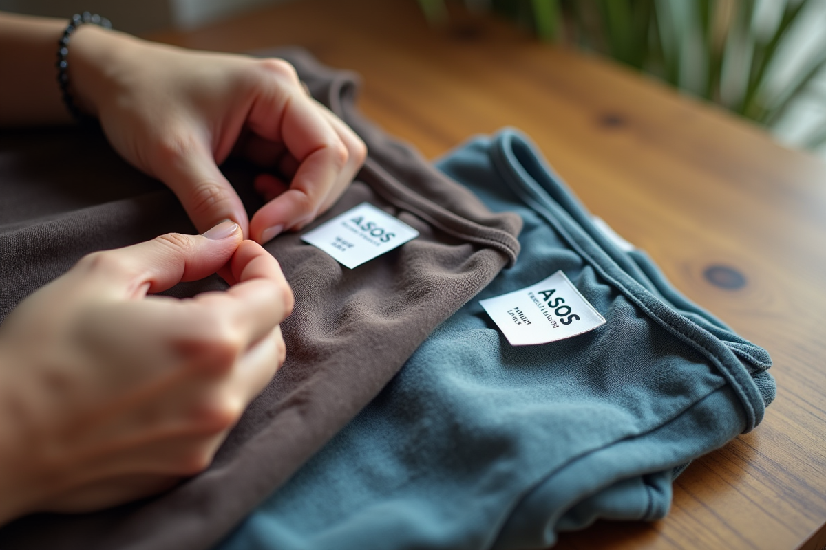 Mains inspectant une etiquette ASOS et une fausse etiquette sur une table en bois