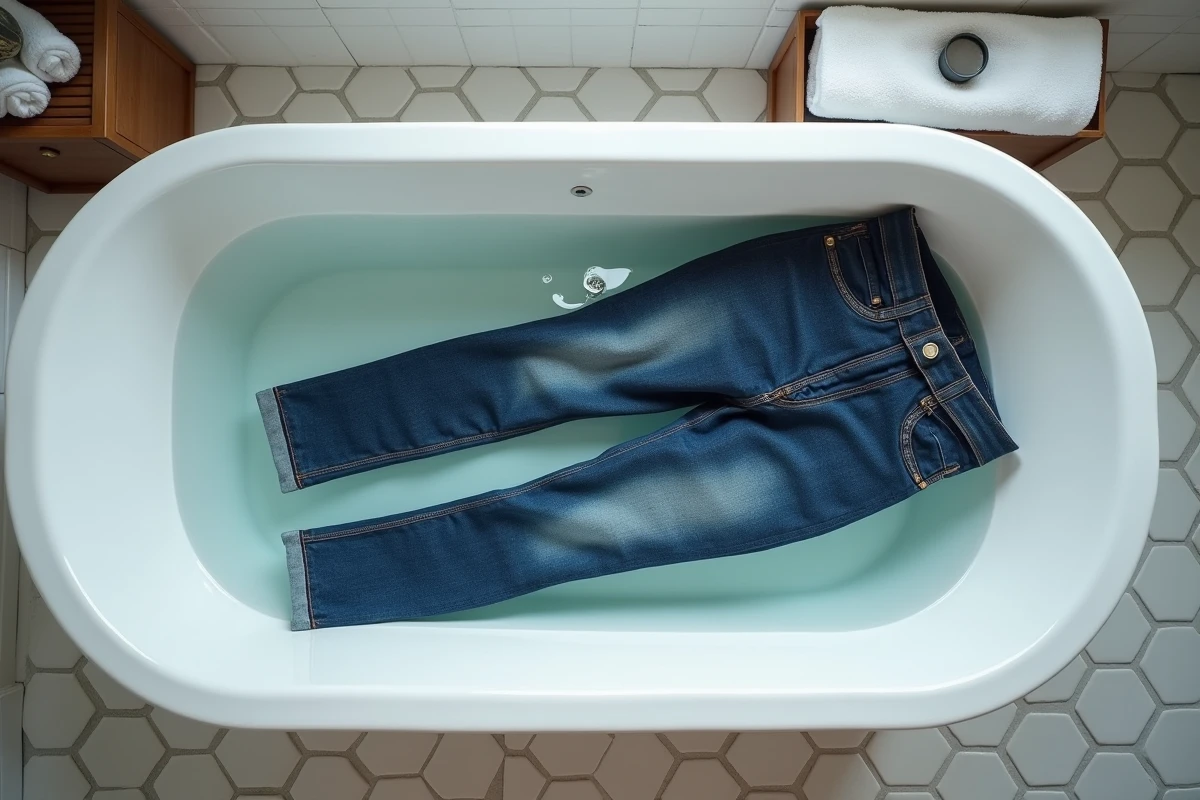 Jean en denim brut trempant dans une baignoire en céramique blanche remplie d'eau chaude, technique de trempage pour faire rétrécir un jean définitivement