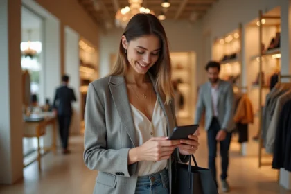 Jeune femme élégante dans une boutique chic examine un article