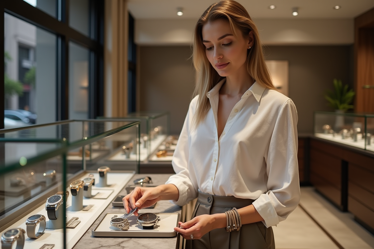 Jeune femme examinant des montres dans une boutique moderne