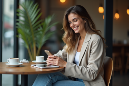 Jeune femme stylée au café utilisant son smartphone