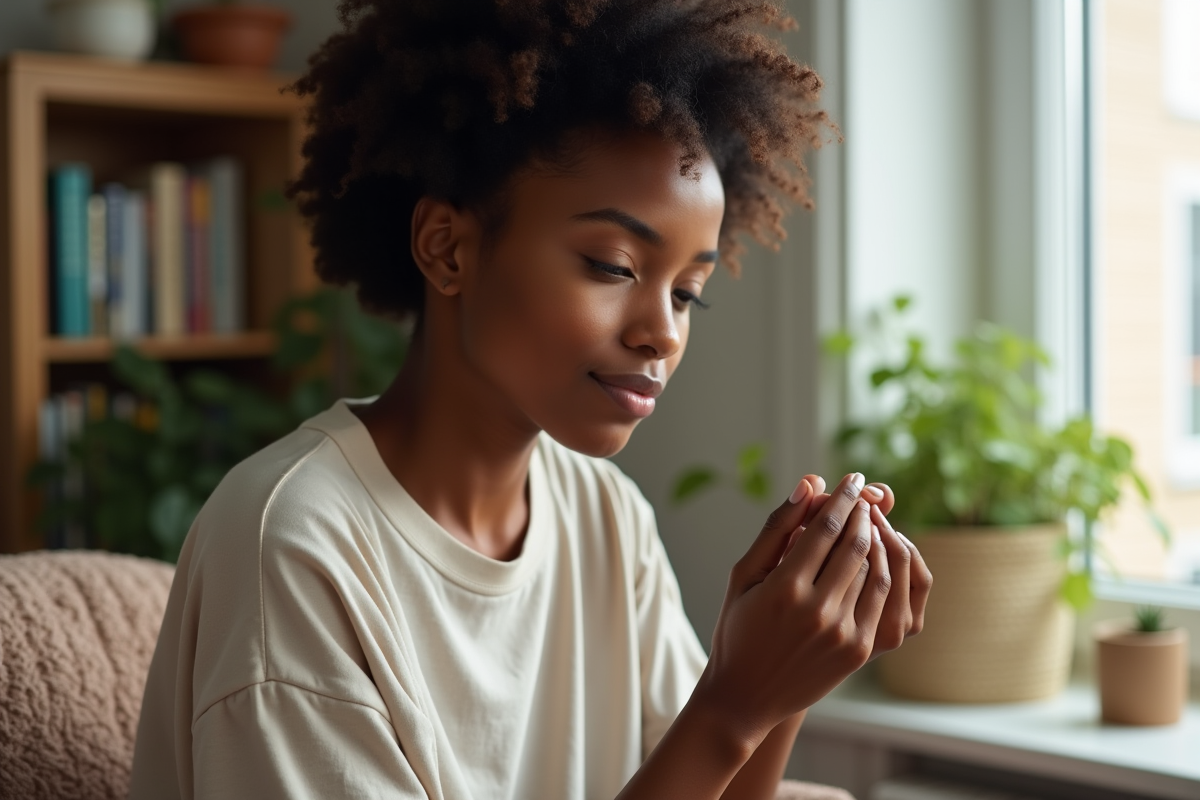 Jeune femme aux cheveux afro examine une mèche de ses cheveux