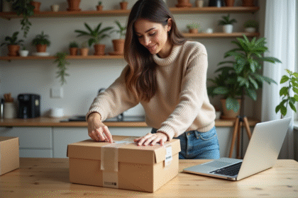Jeune femme emballant un colis avec des matériaux écologiques