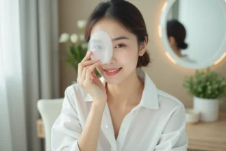 Jeune femme asiatique appliquant un masque visage dans un intérieur minimaliste