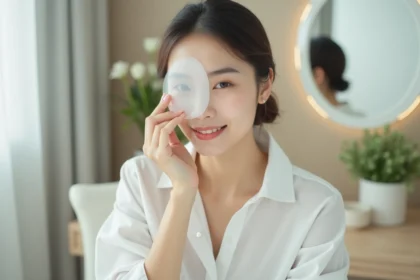 Jeune femme asiatique appliquant un masque visage dans un intérieur minimaliste