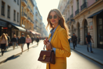 Jeune femme élégante dans la ville avec sac à main chic