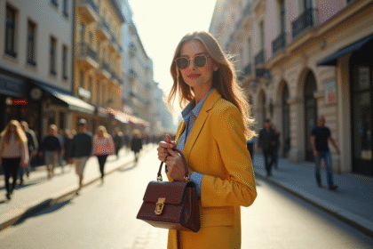 Jeune femme élégante dans la ville avec sac à main chic