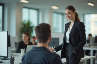 Jeune femme en blazer dans un bureau moderne en discussion