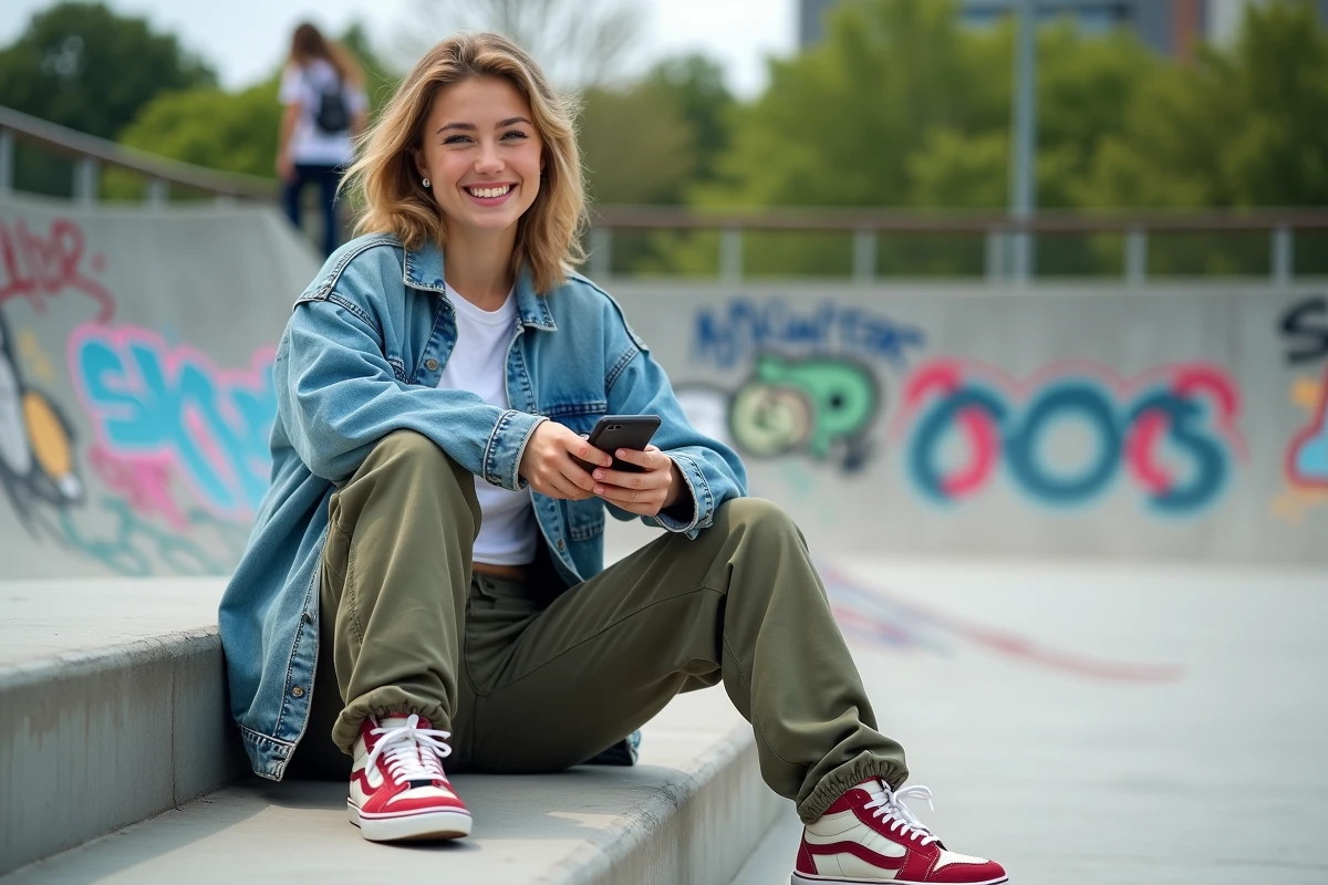 Jeune femme en skatepark avec sneakers colorés et smartphone