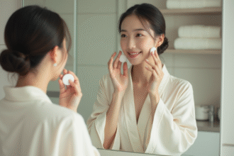 Jeune femme asiatique appliquant tonique visage dans salle de bain