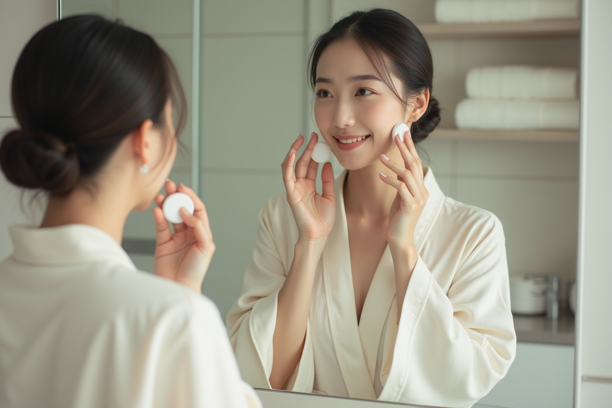 Jeune femme asiatique appliquant tonique visage dans salle de bain