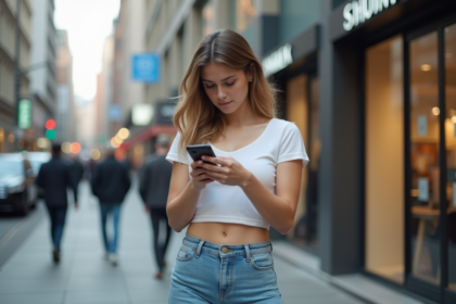 Jeune femme en ville vérifiant son téléphone avec style