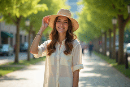 Jeune femme en chapeau straw dans un parc urbain ensoleille