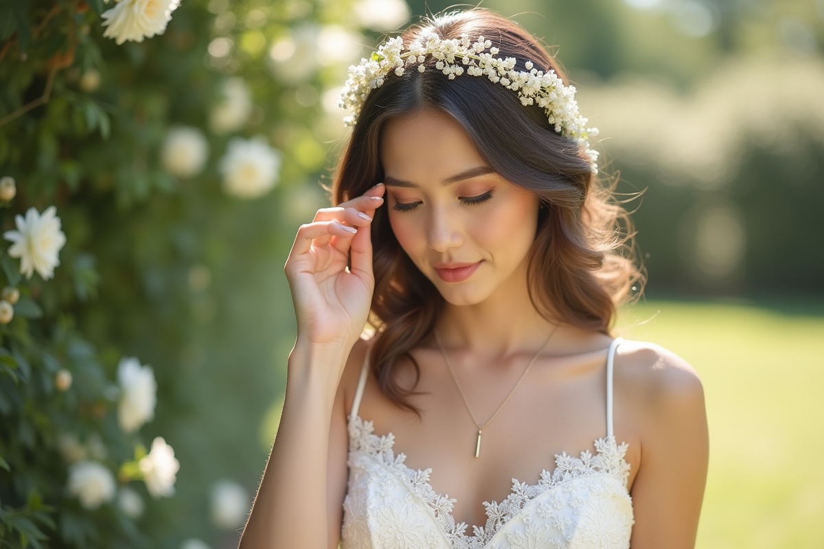 Mariée ajustant une coiffure florale dans un jardin ensoleille