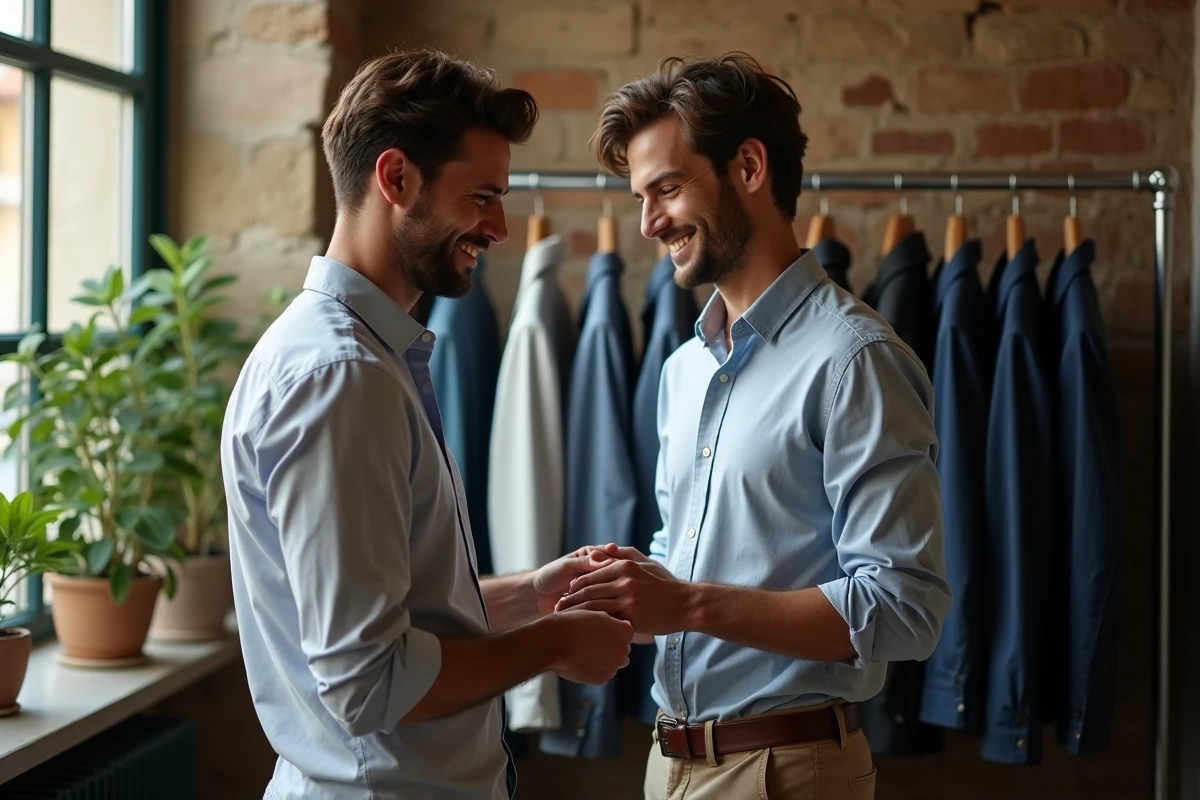 Jeune homme souriant discutant avec un tailleur dans une boutique à Nice