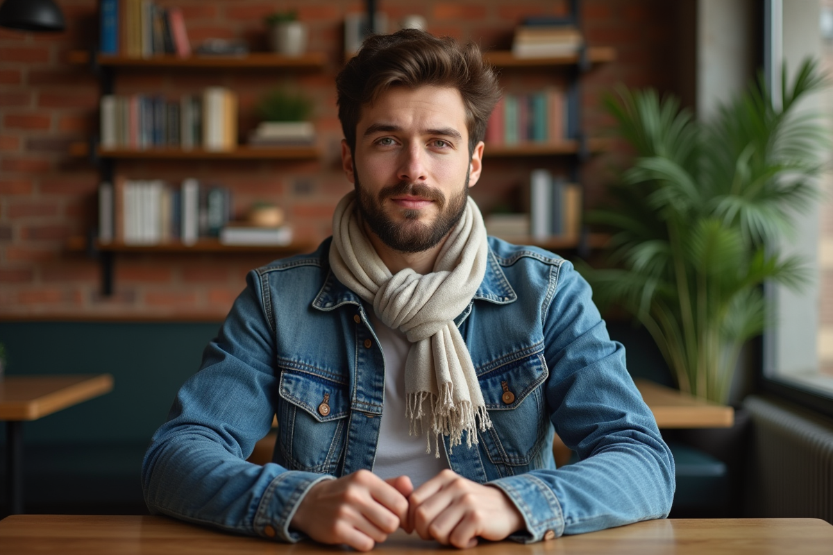Jeune homme knotant un foulard dans un café