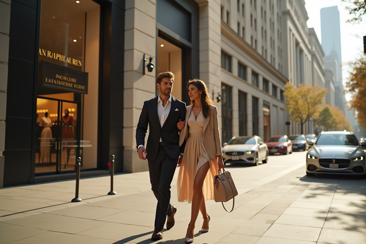 Jeune couple élégant Ralph Lauren devant boutique luxe