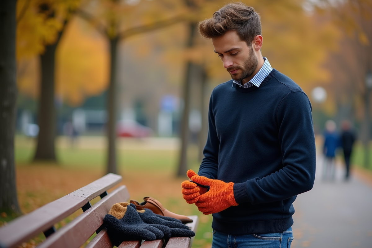 Jeune homme essayant des gants en plein air en automne